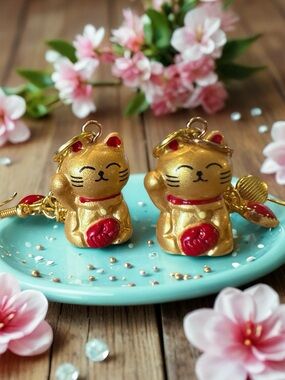 Earrings Maneki Neko Lucky Cat Earrings with Red Rhinestone and Heart Accent